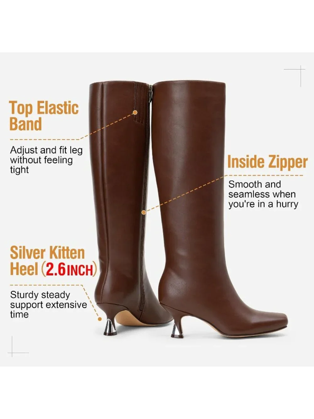 Women's Brown Square Toe Kitten Low Heel with Zipper Comfort Tall Knee High Boot